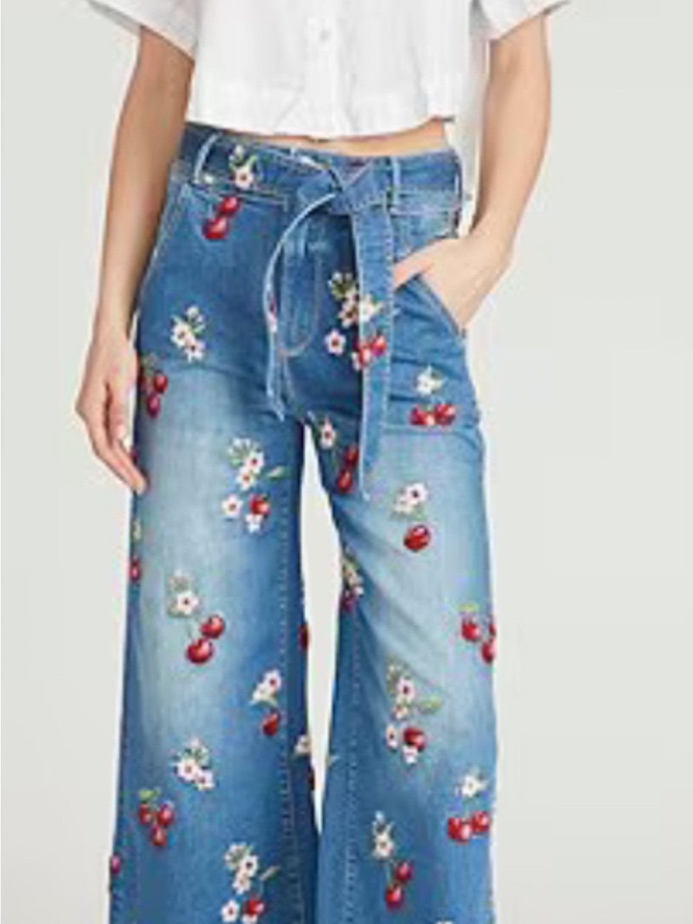 DRIFTWOOD Blue Wide-Leg Jeans with Cherry & Floral Embroidery